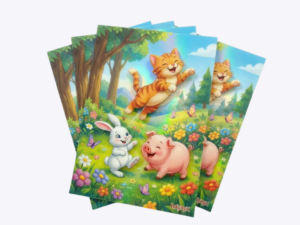 Fanned rectangular stickers illustrated with a cartoon orange cat, white rabbit, and pink piglet