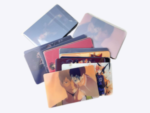 Stacked rectangular rounded-corner flip lenticular stickers with colorful anime illustrations