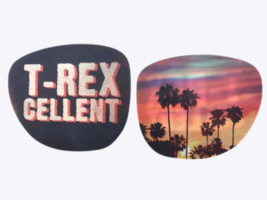 Two custom rounded stickers side by side showing T-REX CELLENT text and a palm tree sunset