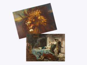 Two rectangular stickers featuring a roaring lion painting above a classical indoor figure scene