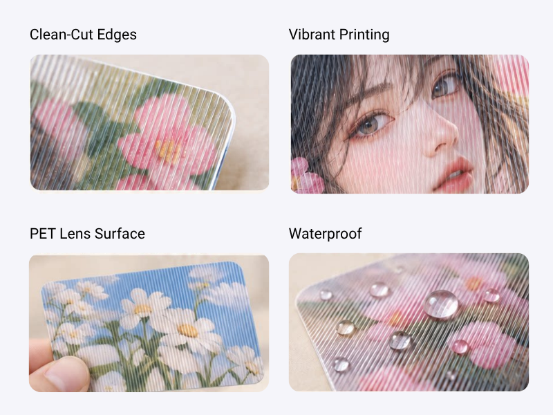 Four close-up views showing a rounded sticker corner, detailed eye print, ridged lens texture, and water droplets on the surface